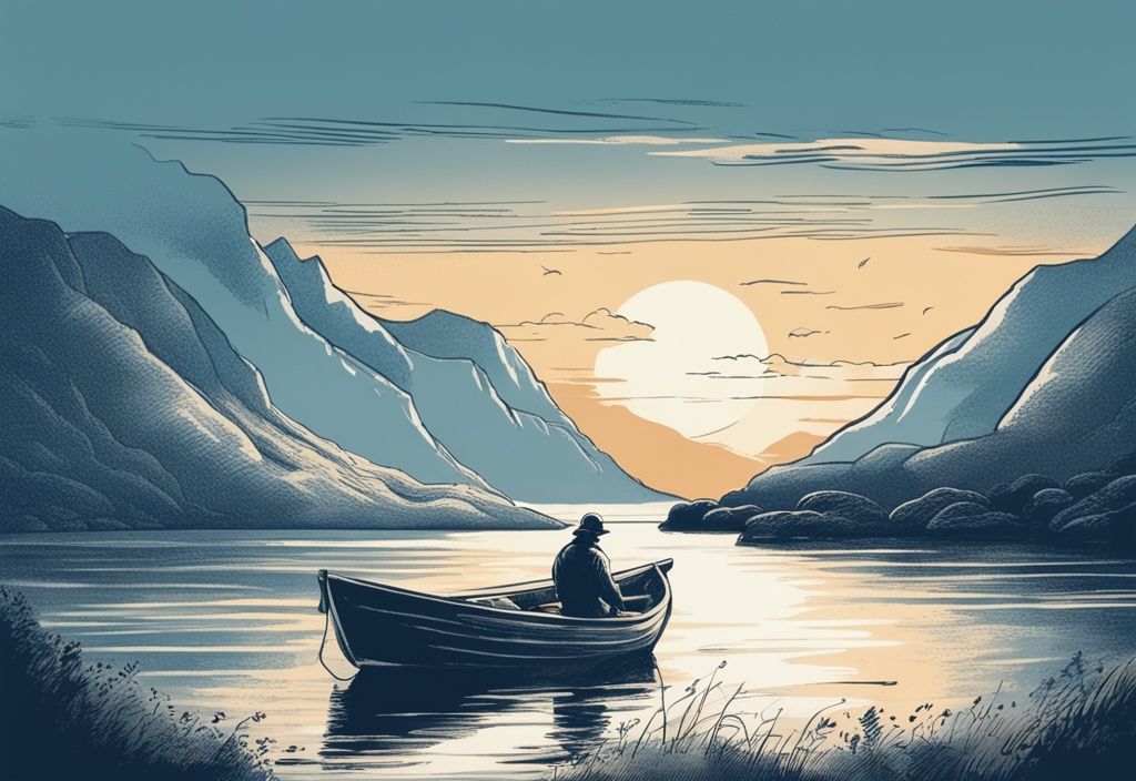 Vintage-Skizze eines Fischers in einem Boot, umgeben von Fjorden unter dem sanften Licht der untergehenden Sonne in Südnorwegen, Angeln in Südnorwegen.