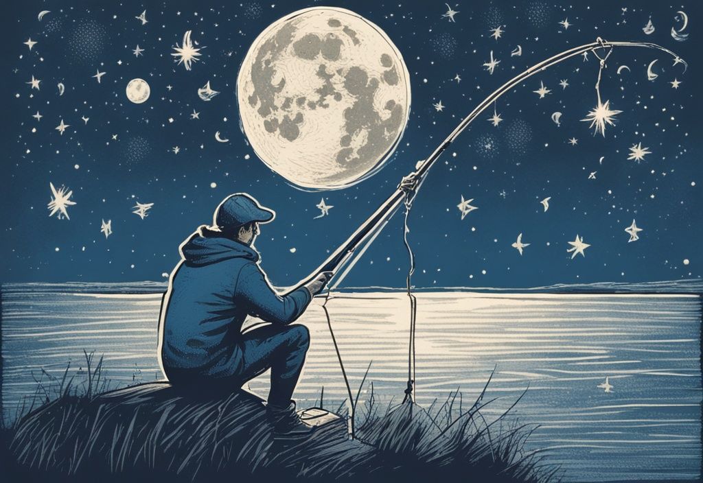 Vintage Illustration eines Mannes beim nächtlichen Angeln unter klarem Sternenhimmel und detailliertem Mondkalender für Angler 2024 in Blautönen.