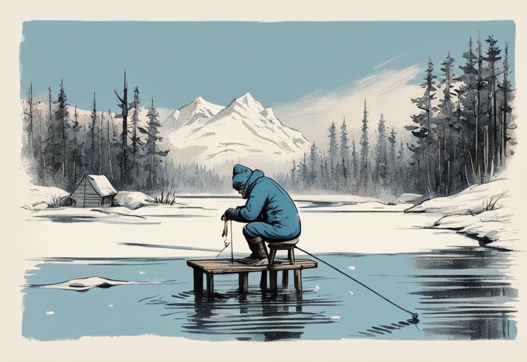 Vintage-Skizze eines Eisanglers auf einem gefrorenen See, der auf einem kleinen Klappstuhl sitzt und einen Hecht an der Angel beobachtet, Hauptfarbthema Blau.