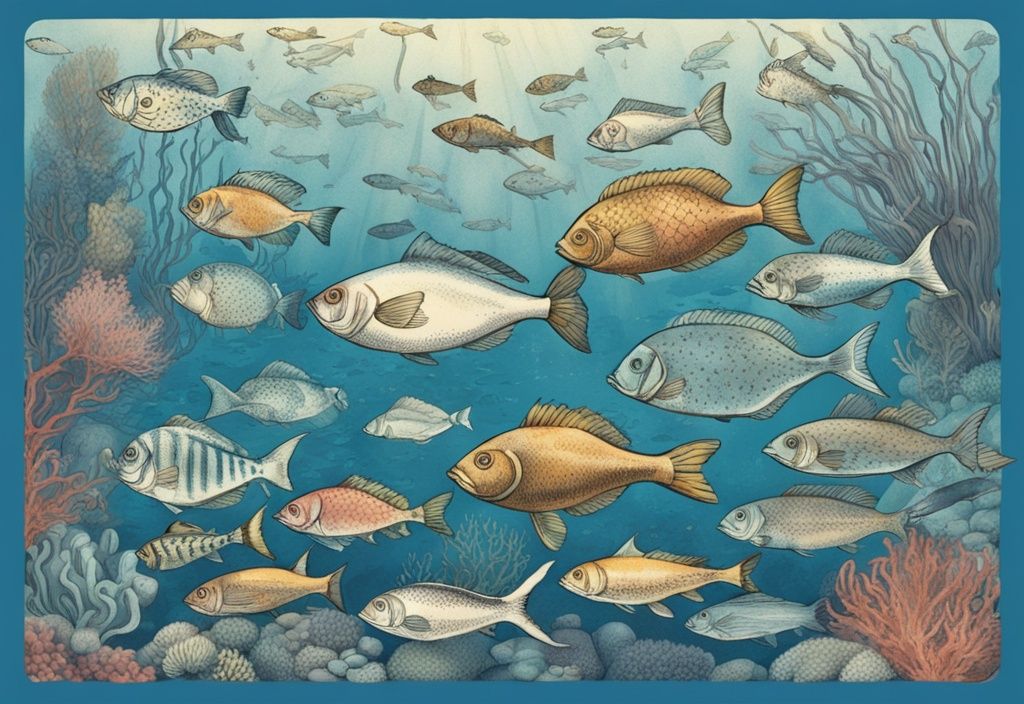 Vintage-Skizzenillustration von bunten Fischarten in verschiedenen Größen und Formen, die harmonisch in einer lebhaft dargestellten Unterwasserlandschaft schwimmen, Hauptfarbe Blau.