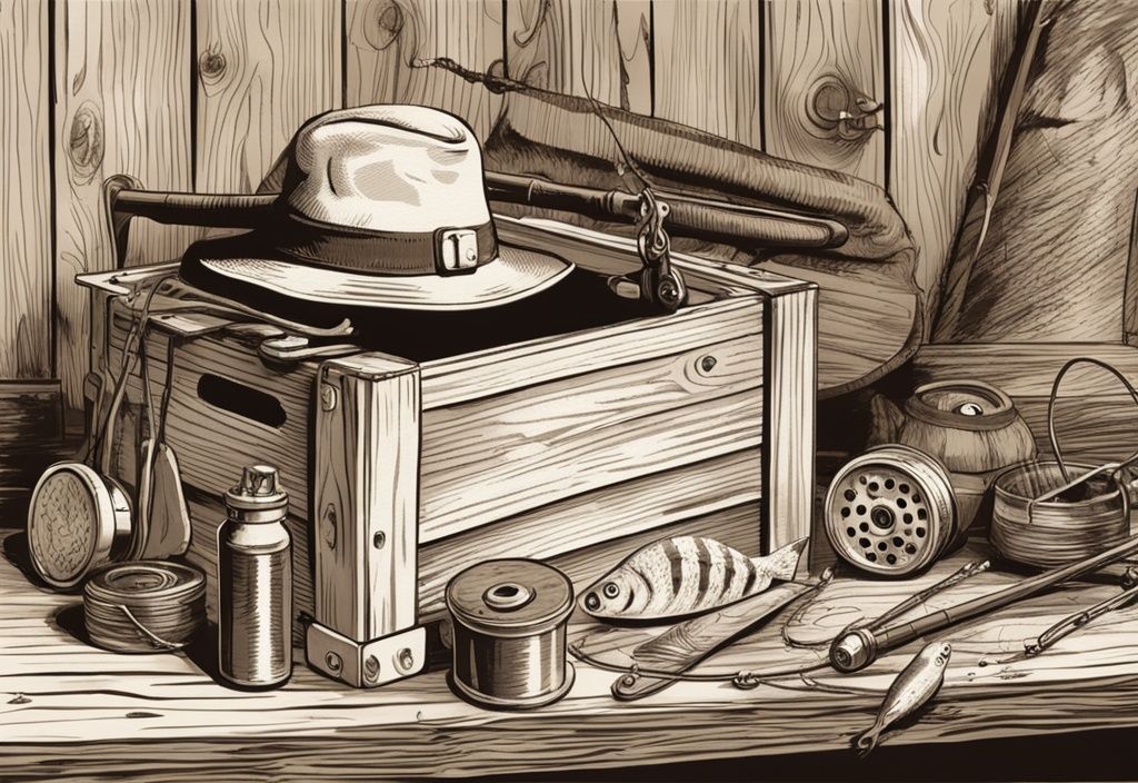Vintage-Skizze einer Angler Geschenkbox mit blauen Farbtönen, gefüllt mit Angelrollen, Ködern, Haken, Ködern und einem Angelhut, auf einem rustikalen Holztisch.