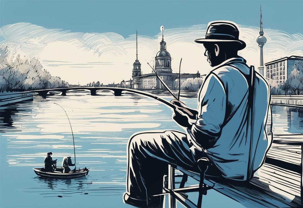 Vintage-Skizze eines Anglers an einem beliebten Berliner Angelplatz mit ikonischen Wahrzeichen der Stadt im Hintergrund, Hauptfarbthema Blau.