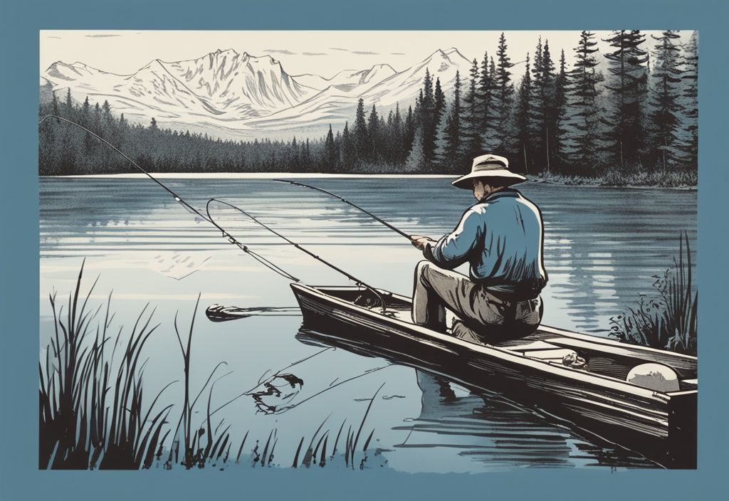 Vintage-Skizze: Angler beim Angeln in Polen mit deutschem Angelschein an einem ruhigen See, umgeben von üppiger Wildnis.