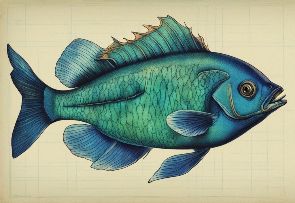 Vintage-Skizze eines durchscheinenden Fisches mit grünem Skelett in tiefblauen Gewässern