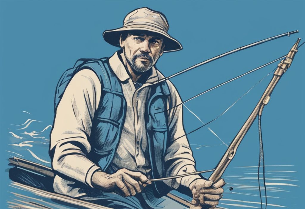 Vintage-Skizzenillustration eines Fischers in sportlicher Kleidung beim Auswerfen, umgeben von Angelausrüstung auf einem Boot, mit Schwerpunkt auf der körperlichen Anstrengung.