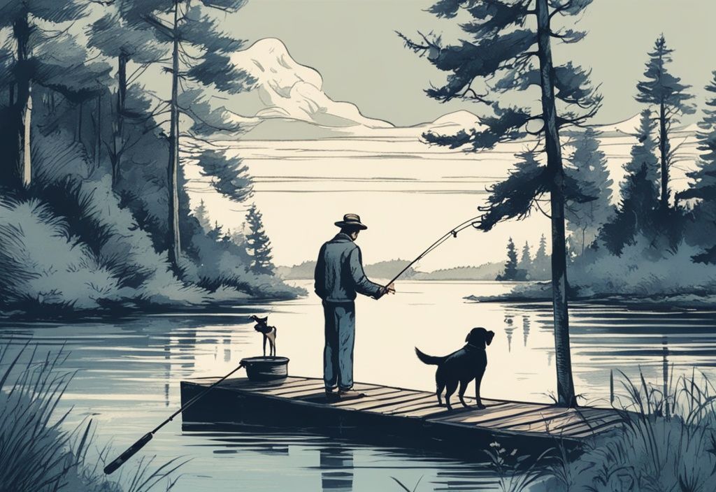 Vintage-Skizze eines Mannes beim Angeln an einem ruhigen See mit seinem treuen Hund, in blau gehalten.