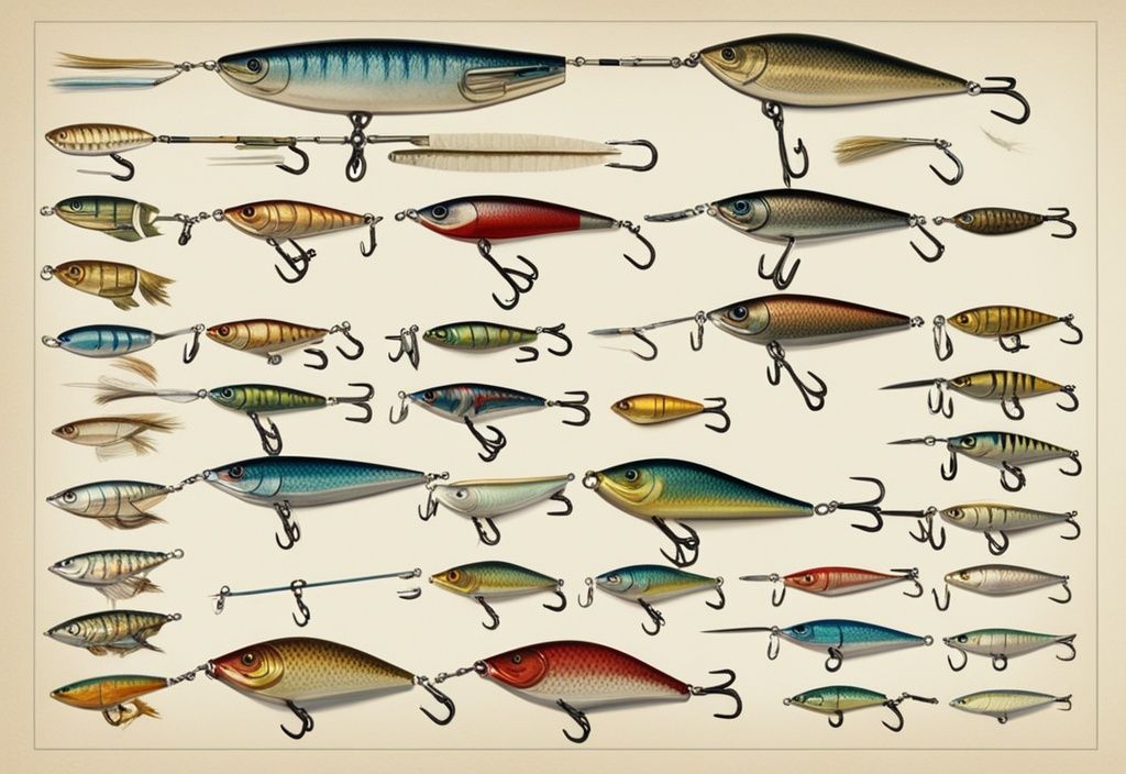 Vintage Skizze von erstklassigen Jerkbaits in verschiedenen Farben, Designs und Größen, Hauptfarbe Blau