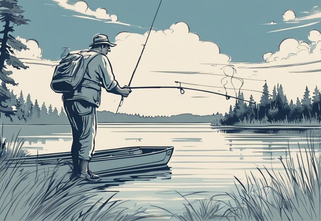 Vintage-Skizze eines Anglers in einem ruhigen See, der mit einer Angelrute und bleifreien Gewichten fischt.