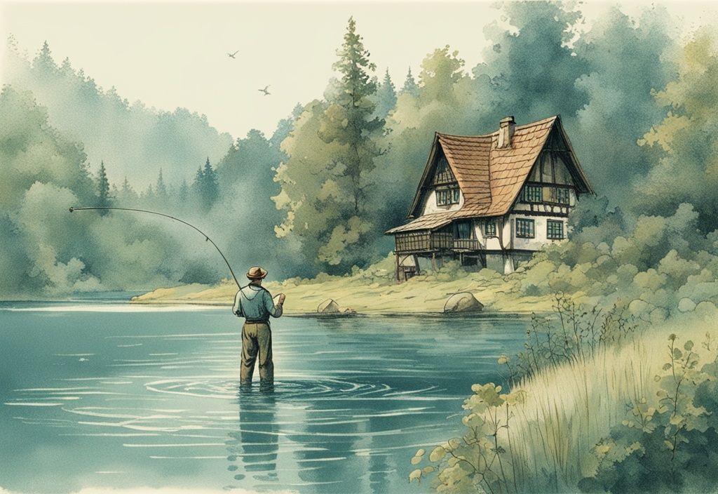 Vintage-Skizzenillustration eines Anglers in Thüringen, der seine Angel in kristallklares Wasser wirft, umgeben von grünem Wald und traditionellem deutschen Häuschen, Hauptfarbthema Blau.