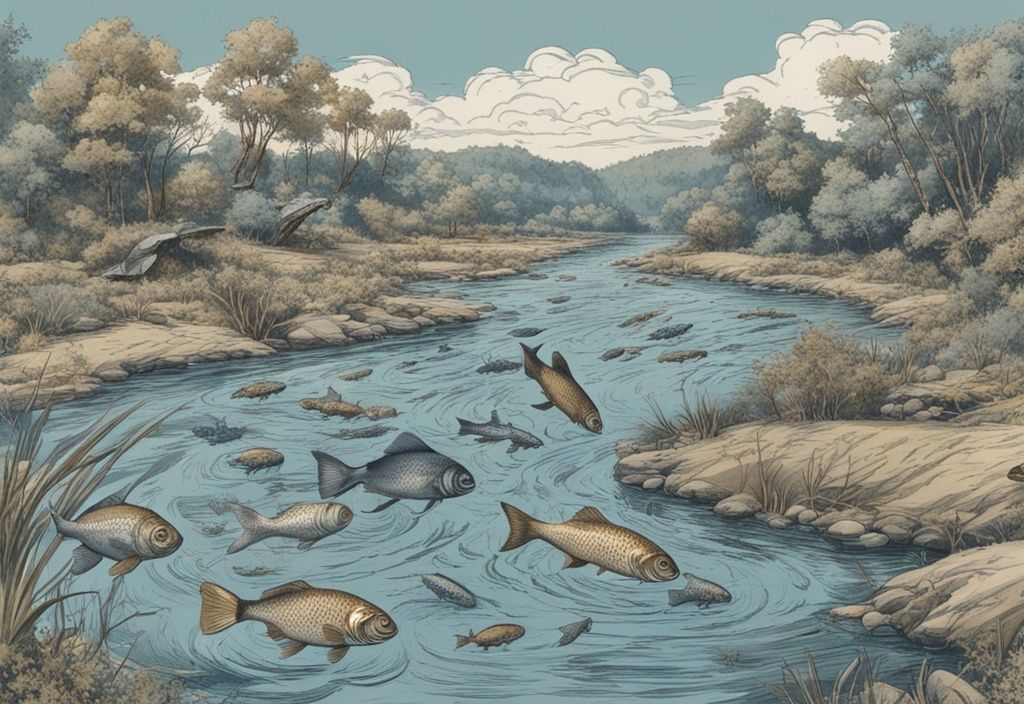 Vintage-Skizzenillustration von invasiven Fischarten in Blau, die einheimische Fische im Fluss verdrängen.