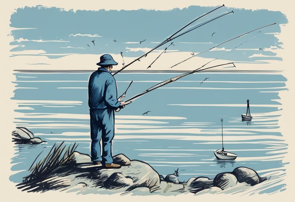 Vintage-Skizze eines Fischers an der ruhigen dänischen Küste, der mit mehreren Angelruten jongliert und die Verwirrung über die Frage "mit wieviel Ruten darf ich in Dänemark angeln" zeigt.