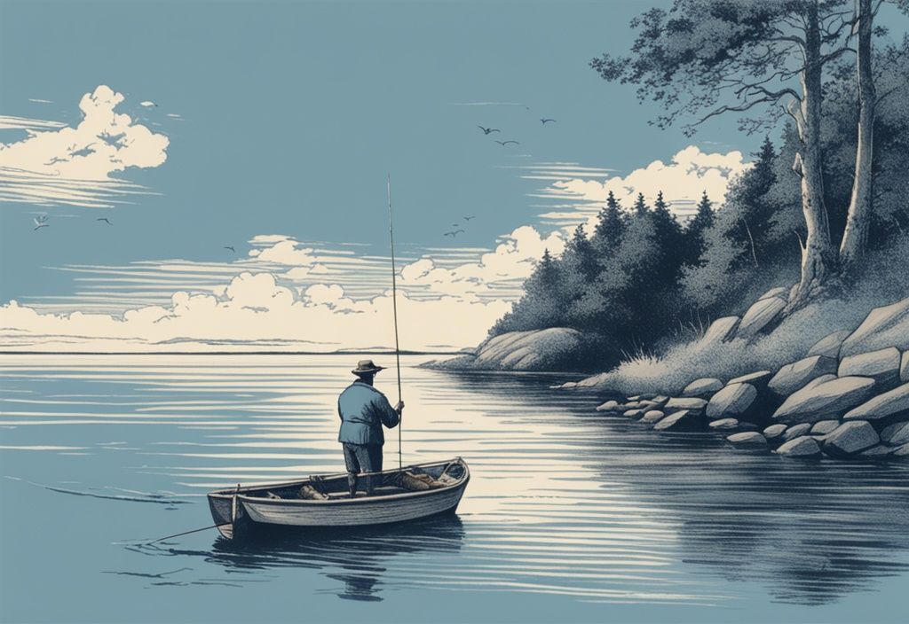Vintage-Skizze eines Anglers, der seine Angel in die ruhigen Gewässer vor der Küste von Langeland auswirft, Hauptfarbthema Blau