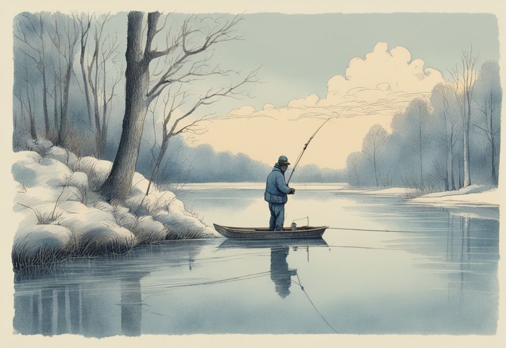 Vintage-Skizze eines erfahrenen Fischers in warmer Kleidung, der in einen ruhigen, frostigen See unter einem Novemberhimmel angelt, umgeben von teilweise kahlen Bäumen, in Blau gehalten.