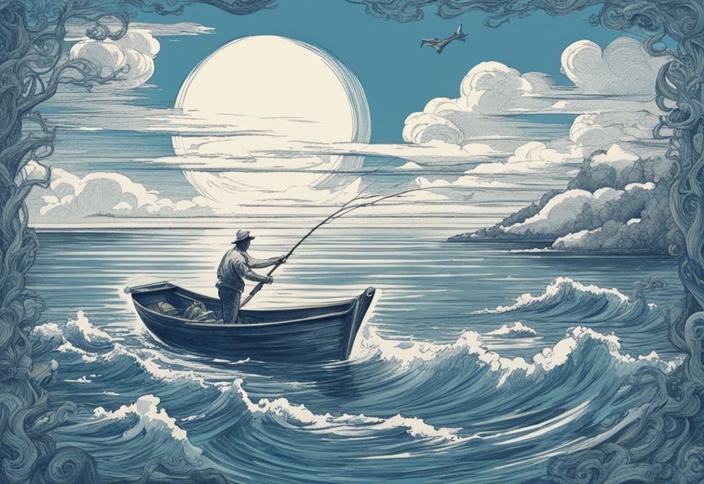 Vintage-Skizze eines Fischers in einem Boot, der seine Angel in einen weiten, blauen Ozean voller springender Thunfische auswirft. Thunfisch angeln.
