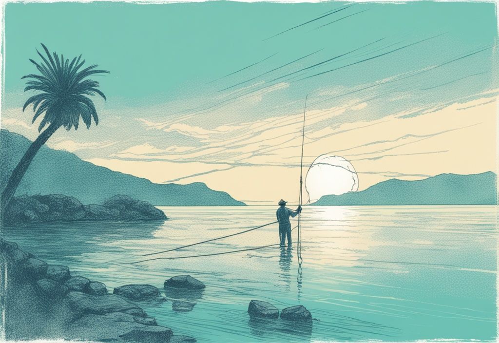Vintage-Skizze eines Fischers bei Tagesanbruch, der sein Netz ins kristallklare, türkisfarbene Wasser vor der malerischen Küste von Mallorca wirft.