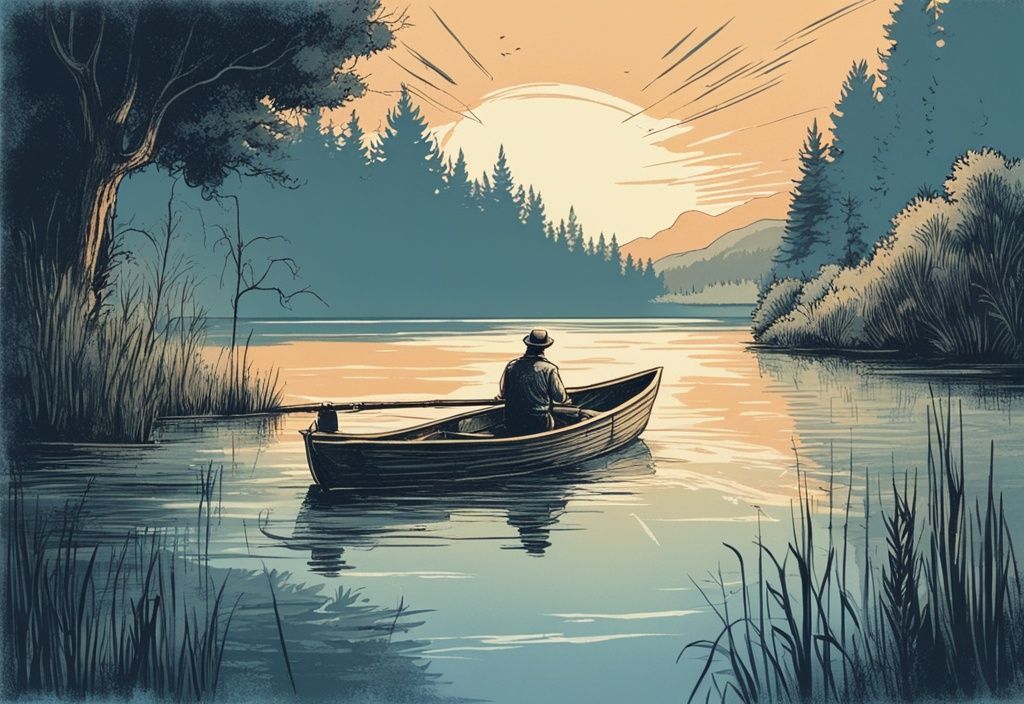 Vintage-Skizze eines Anglers in einem kleinen Holzboot auf einem ruhigen slowenischen See, umgeben von üppigem Grün, der bei Sonnenuntergang seine Angelschnur auswirft - Angeln in Slowenien.