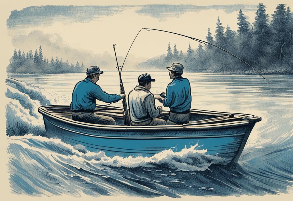 Vintage-Skizze von professionellen Anglern in einem intensiven Wettbewerb auf einem Boot, die ihre Leinen präzise auswerfen. Ist Angeln eine Sportart?