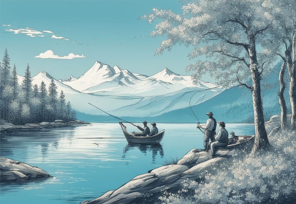 Vintage-Skizzenillustration von Fischern auf einem Boot mit Angelruten in kristallklarem Wasser Norwegens, umgeben von blühenden Bäumen, die die beste Jahreszeit Norwegen angeln signalisieren.