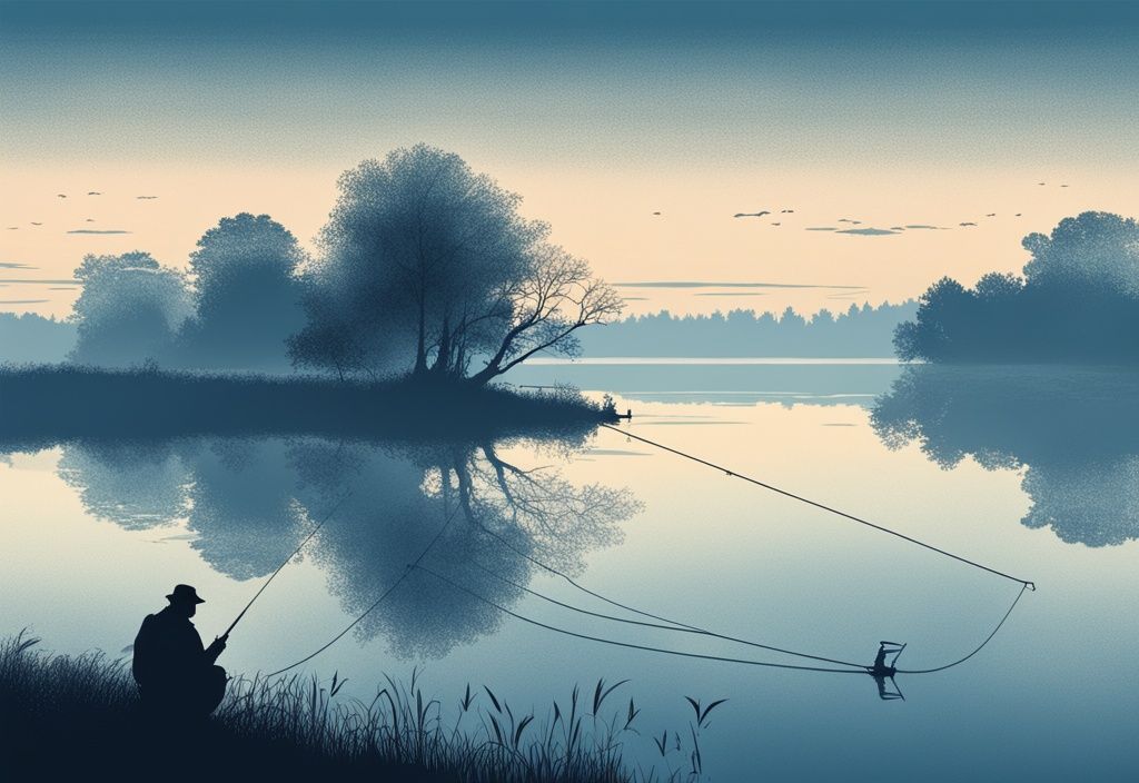 Vintage-Skizzenillustration eines polnischen Landschaftsbildes bei Morgendämmerung mit einer Silhouette einer einsamen Person, die eine Angelrute in einen nebligen See wirft, in blauen Farbtönen.