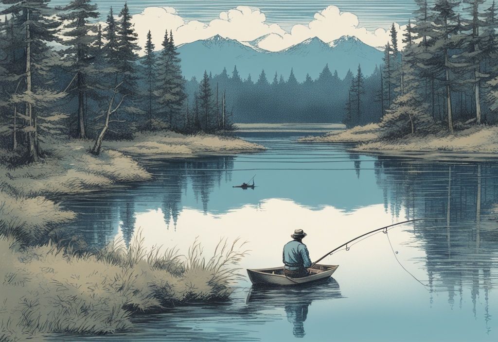 Vintage-Skizze eines Anglers am See vor einem dichten Wald, Hauptfarbton Blau