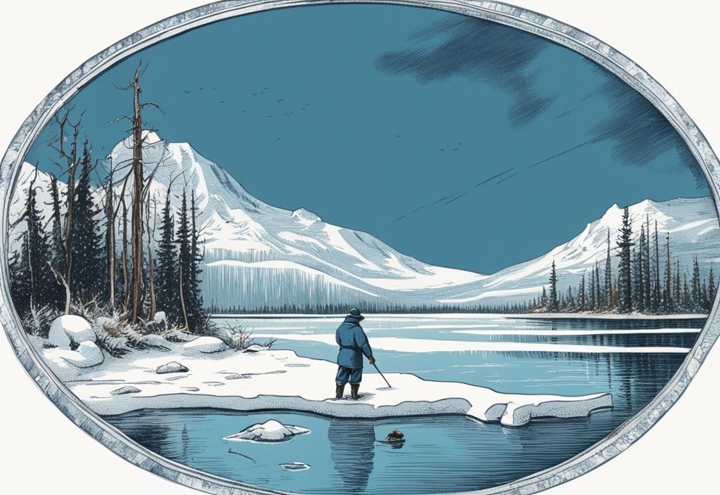 Vintage-Skizze eines einsamen Fischers auf einem schneebedeckten See, der einen großen, glänzenden Hecht aus einem Eisloch zieht, Hechtangeln im Winter