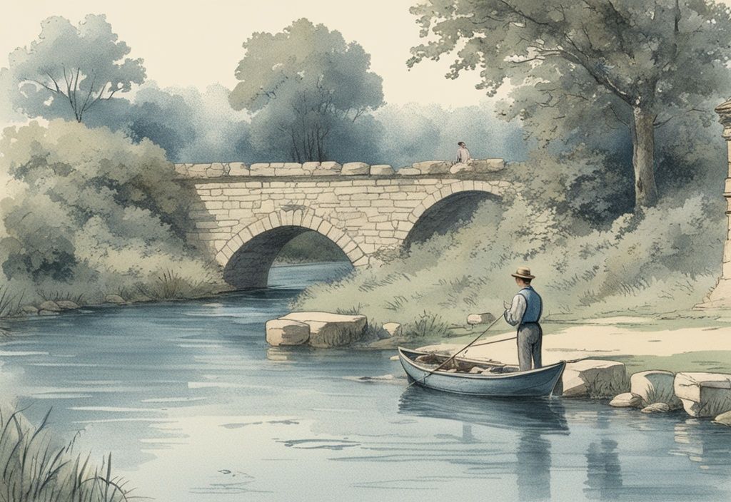 Vintage-Skizze eines ruhigen Fischers an einem malerischen französischen Landfluss, umgeben von üppigem Grün und alten Steinbrücken, mit humorvollem französischem Schild im Hintergrund