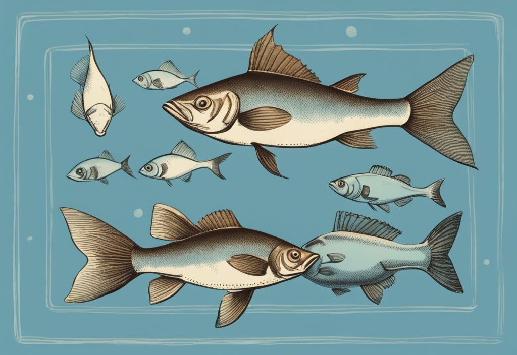 Vintage-Skizze von Fischen in verschiedenen Reifestadien, von jungen kleinen Fischen links bis zu großen alten Fischen rechts, in Blau gehalten.