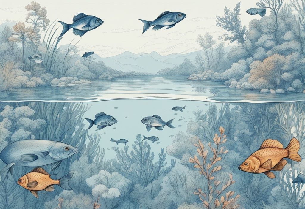 Vintage-Skizze mit bunten Fischarten Forggensee in klarem, blauem Süßwasser, umgeben von Unterwasserflora.