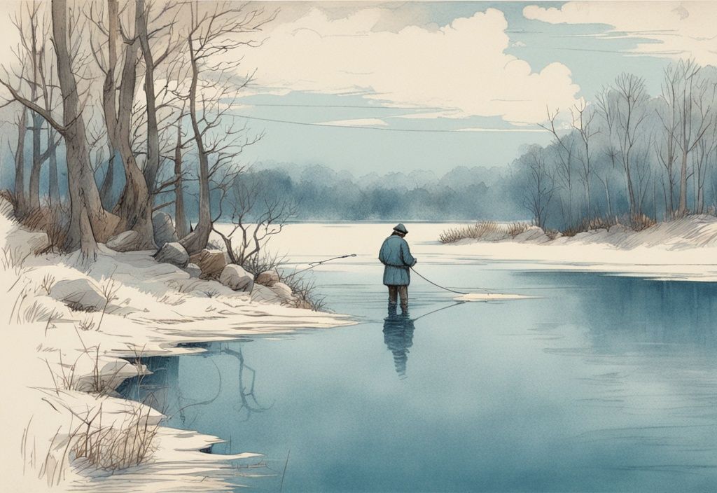 Vintage-Skizze eines erfahrenen Fischers in warmer Kleidung, der an einem frostigen See im November angelt, umgeben von teilweise kahlen Bäumen und blauem Farbschema.