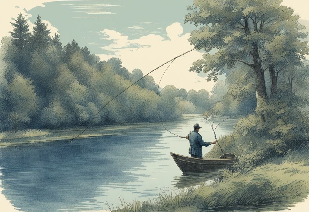 Vintage-Skizze eines Anglers, der seine Leine in einen klaren belgischen Fluss wirft, umgeben von üppigen grünen Bäumen, Hauptfarbthema Blau.