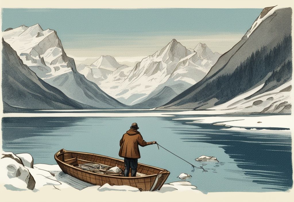 Vintage-Illustration eines Mannes beim Angeln in Norwegen auf einem kleinen Holzboot vor schneebedeckten Bergen.