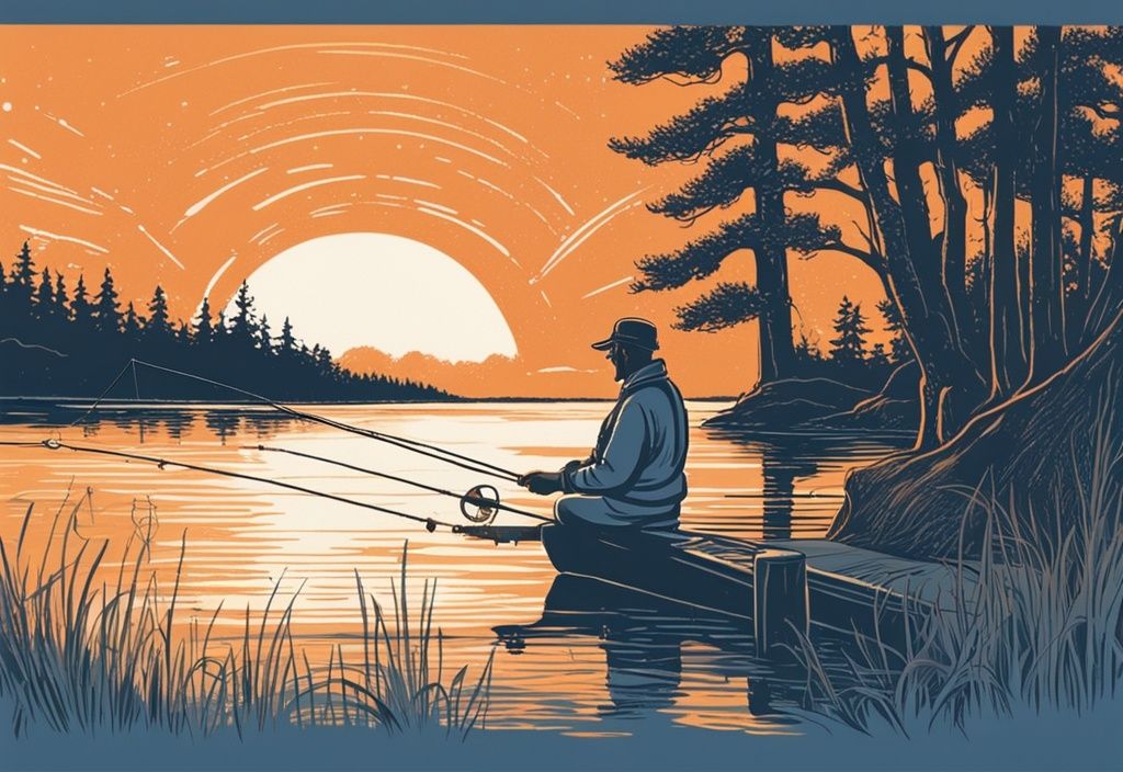 Angler beim Angeln auf Langeland vor einem funkelnden Wasser und einem ikonischen orangefarbenen Sonnenuntergang in einer vintage blauen Skizze.