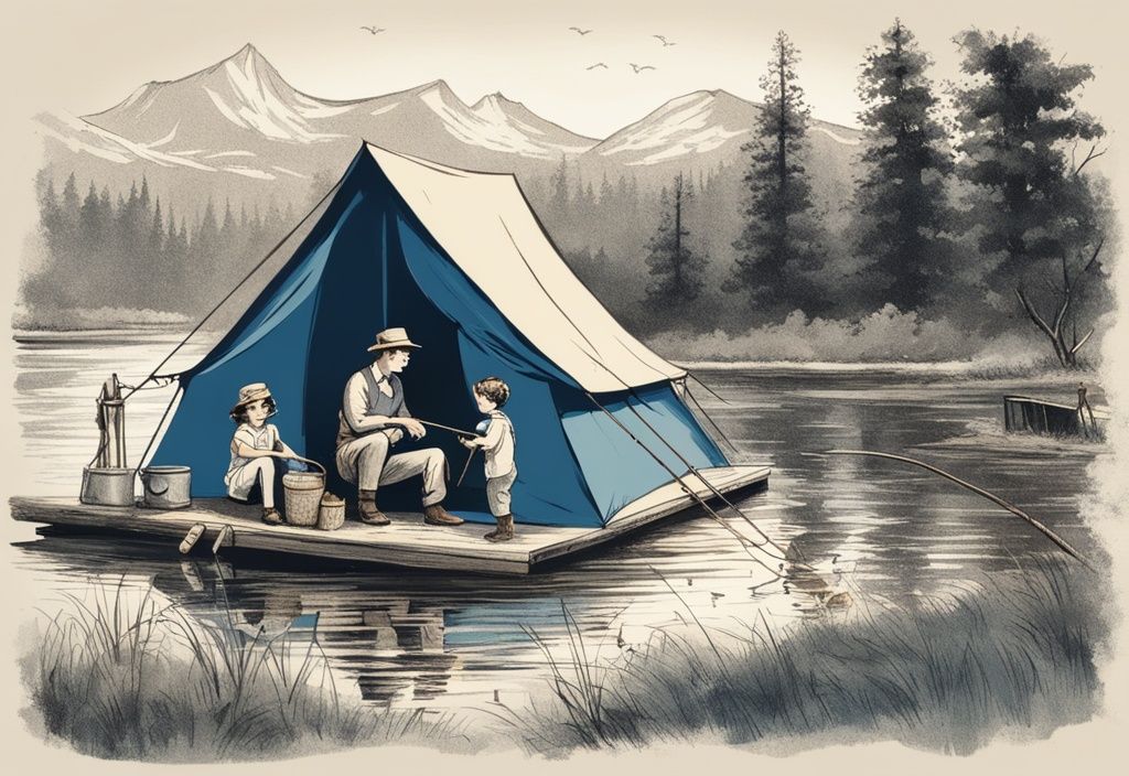 Vintage-Skizzenillustration einer Familie beim Angelurlaub mit Kindern am Flussufer, mit spielenden Kindern und einem gemütlichen Campingzelt im Hintergrund, Hauptfarbthema Blau.