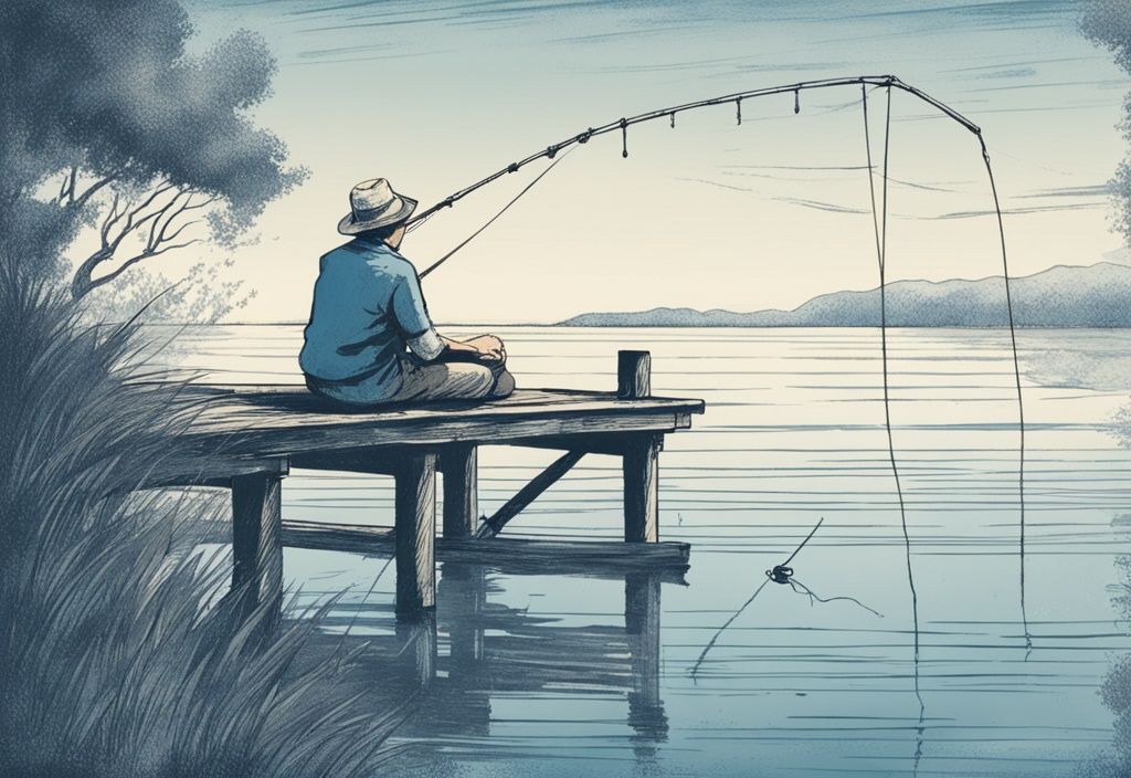 Vintage-Skizzenillustration einer Person, die auf einem rustikalen Holzsteg sitzt und ohne sichtbare Angellizenz am ruhigen Meer angelt, Hauptfarbthema Blau