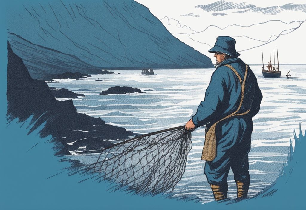 Vintage-Skizzen-Illustration eines lokalen Fischers in traditioneller Kleidung, der ein schweres Fischernetz voller Fische zieht, vor der Kulisse der zerklüfteten Klippen und des klaren Wassers der Färöer-Inseln, in Blautönen gehalten.