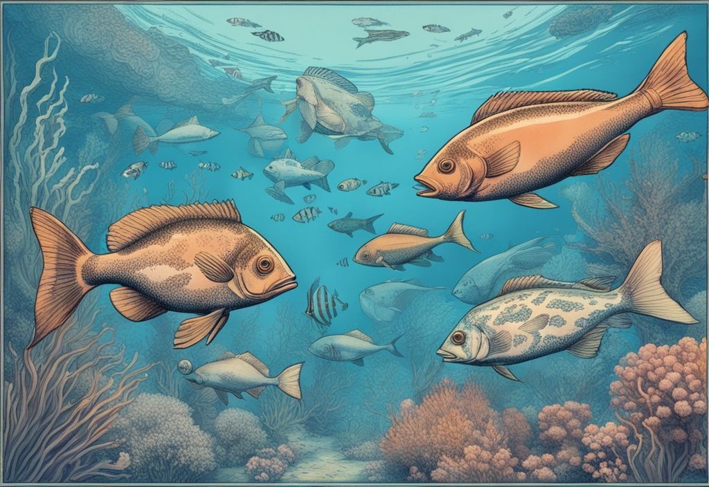 Vintage-Skizzenillustration einer lebendigen Unterwasserszene mit verschiedenen Fischarten und deren Namen, Hauptfarbthema Blau.
