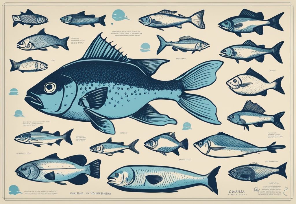 Vintage-Skizzen-Illustration von verschiedenen Fischarten in Kroatien, stilvolles Infografik-Design, Hauptfarbton Blau.