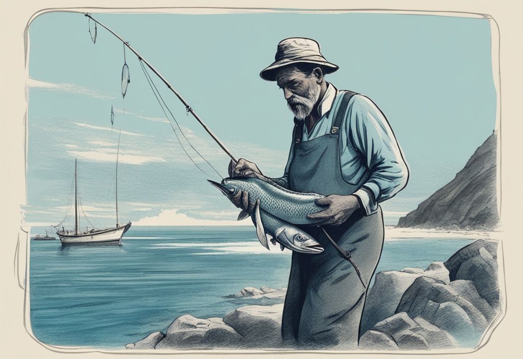 Vintage-Skizze eines lokalen Fischers, der einen großen, frisch gefangenen Fisch vor der Küste von Teneriffa und dem klaren blauen Wasser hält, Angeln Teneriffa.