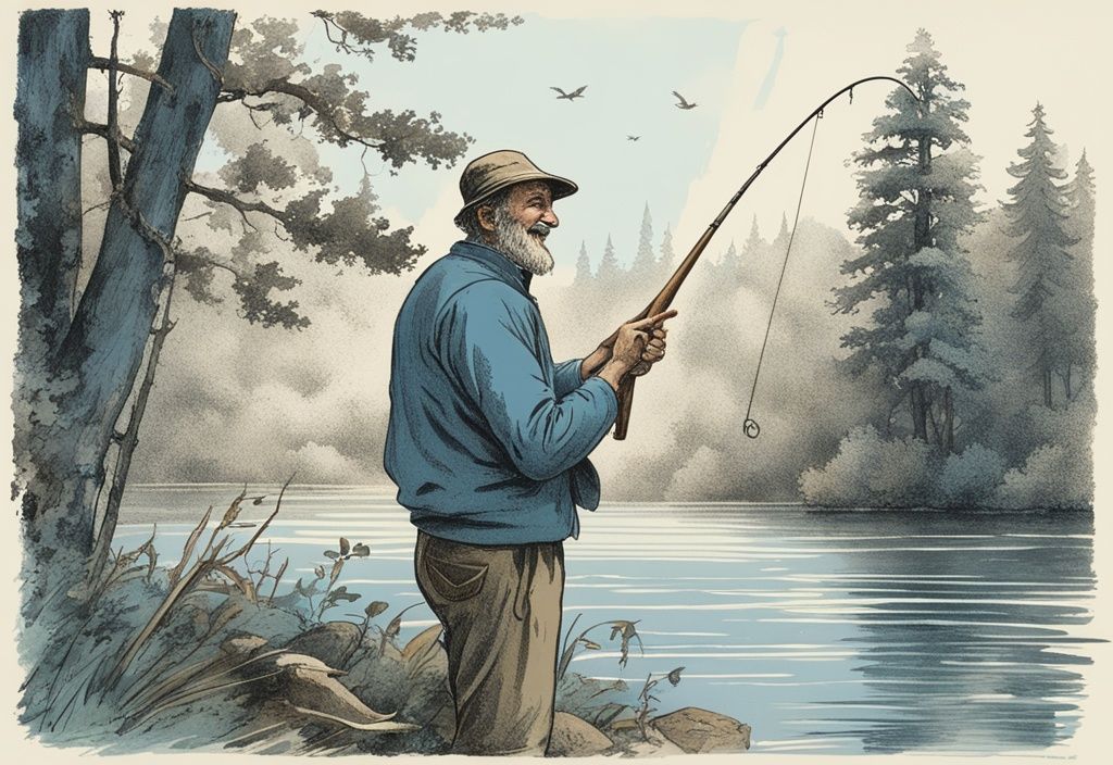 Jubelnder Angler in Thüringens Märchenwald mit Fang, Angeln in Thüringen, blaue Vintage-Skizze.