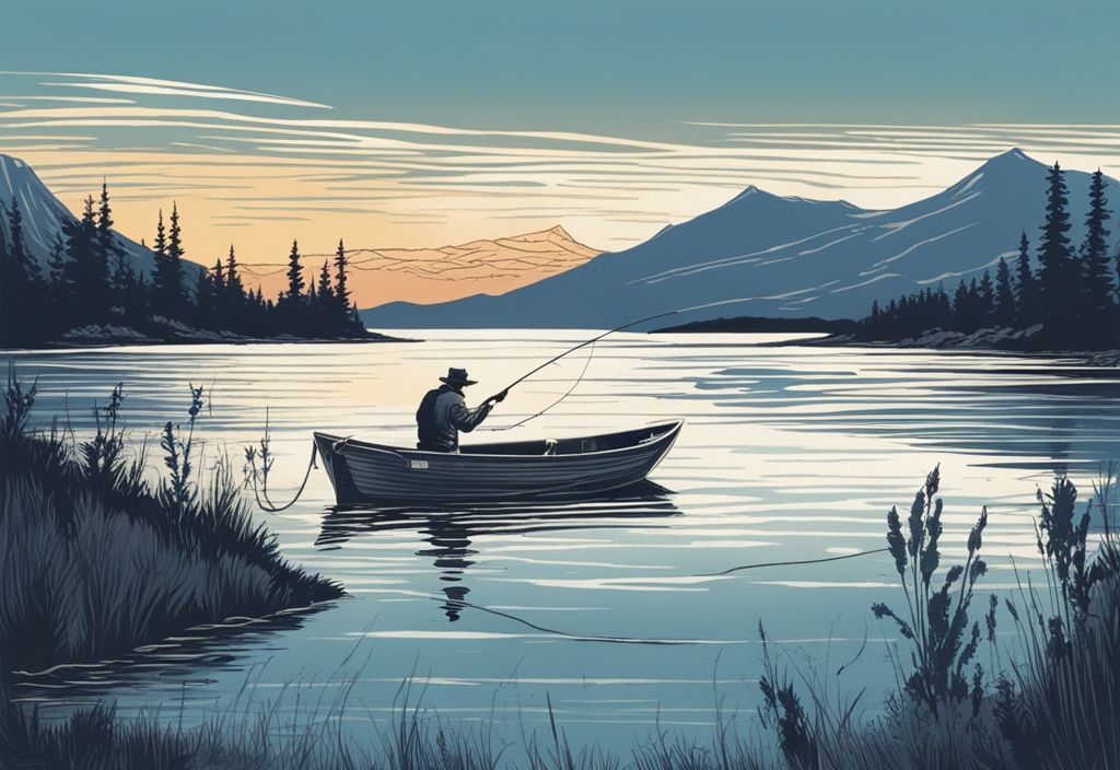 Vintage-Skizzenillustration eines Anglers, der bei Sonnenaufgang in Italien eine Angelschnur von einem Boot auswirft, umgeben von ruhigen Gewässern und fernen Bergen.