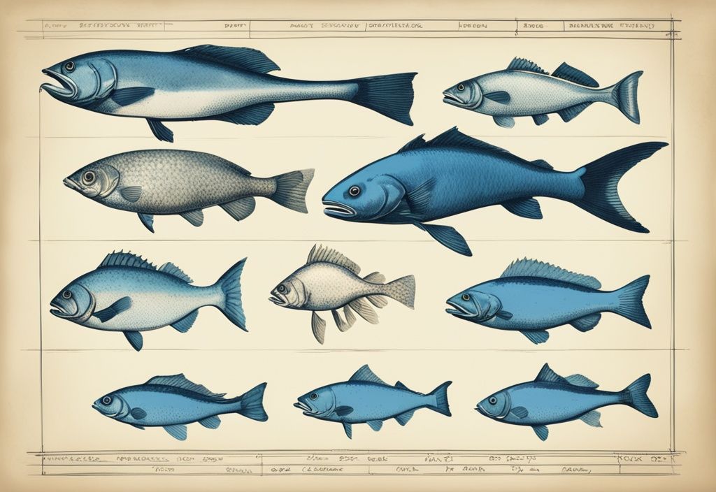 Vintage Skizze der Evolution von Fischen von prähistorischen Zeiten bis heute in Blau.