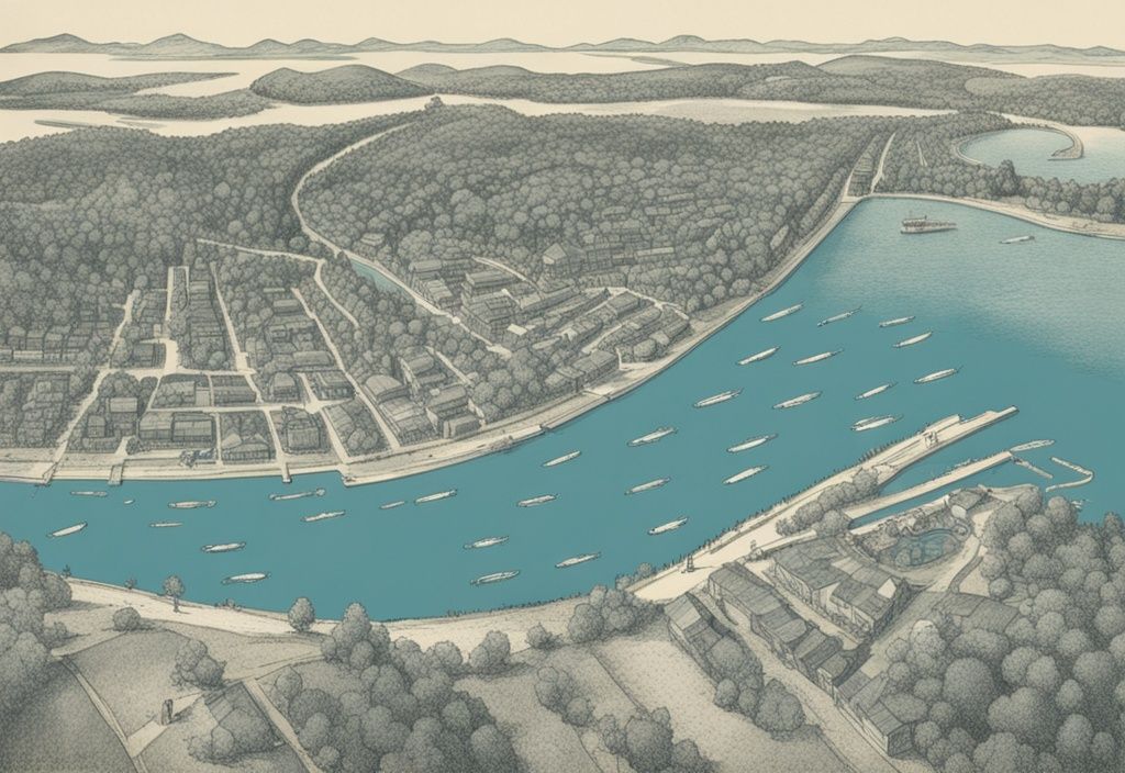 Vintage-Skizzen-Illustration in Blau, Luftaufnahme von klaren deutschen Gewässern mit zahlreichen Schwärmen von Weißfischen.