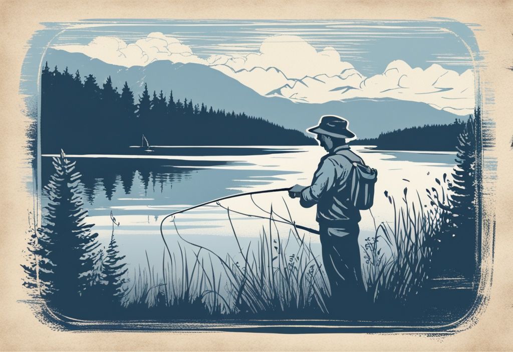 Angeln in Polen mit deutschem Angelschein: Vintage-Skizze eines entspannten Anglers, der eine Angelrute in einen ruhigen polnischen See wirft, umgeben von üppiger Wildnis, mit deutschem Angelschein auf dem Hut.