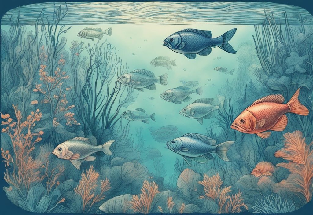 Vintage-Skizzenillustration eines ruhigen deutschen Sees mit blauen Farbtönen, bunten Fischen und üppiger Unterwasservegetation.