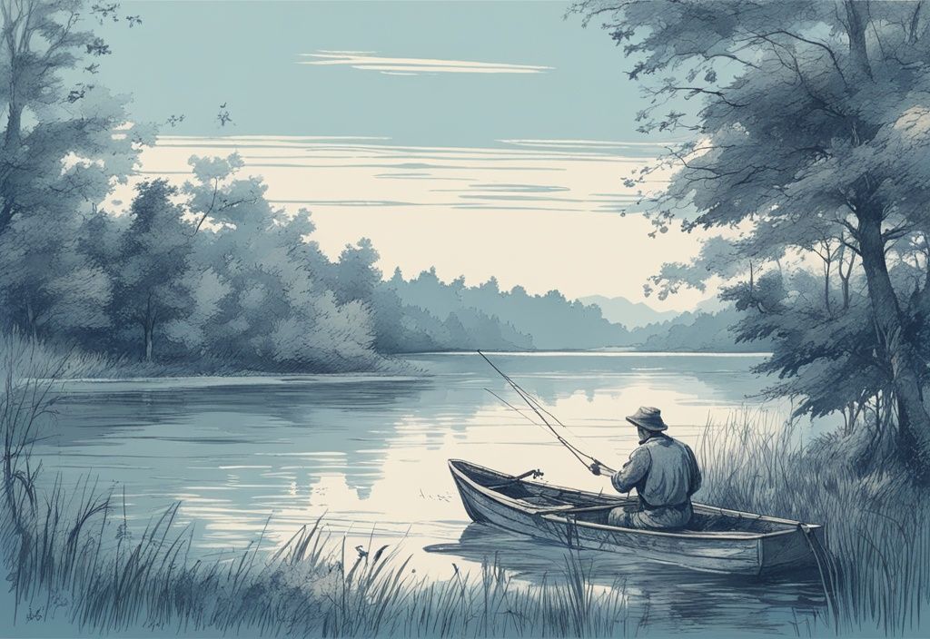 Vintage-Skizze eines Fischers in einem Boot auf einem ruhigen See, umgeben von üppigem Grün der polnischen Landschaft, Hauptfarbthema Blau.