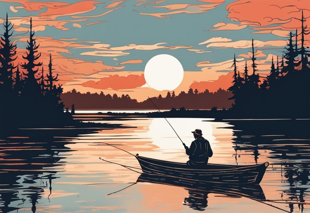 Vintage-Skizze eines Fischers auf einem ruhigen See bei Sonnenuntergang mit blauem Farbschema und roten und orangefarbenen Himmel.