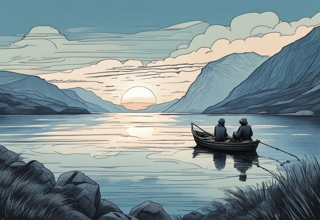 Vintage-Skizzenillustration eines Fischers beim Auswerfen in einem kleinen Boot, umgeben von den atemberaubenden norwegischen Fjorden von Hitra unter einem ruhigen Morgendämmerungshimmel in Blau.