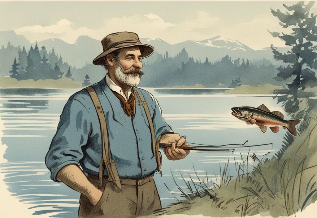 Vintage Illustration eines zufriedenen deutschen Anglers mit großem Fisch an einem ruhigen polnischen See, deutscher Angelschein im Hutband sichtbar.