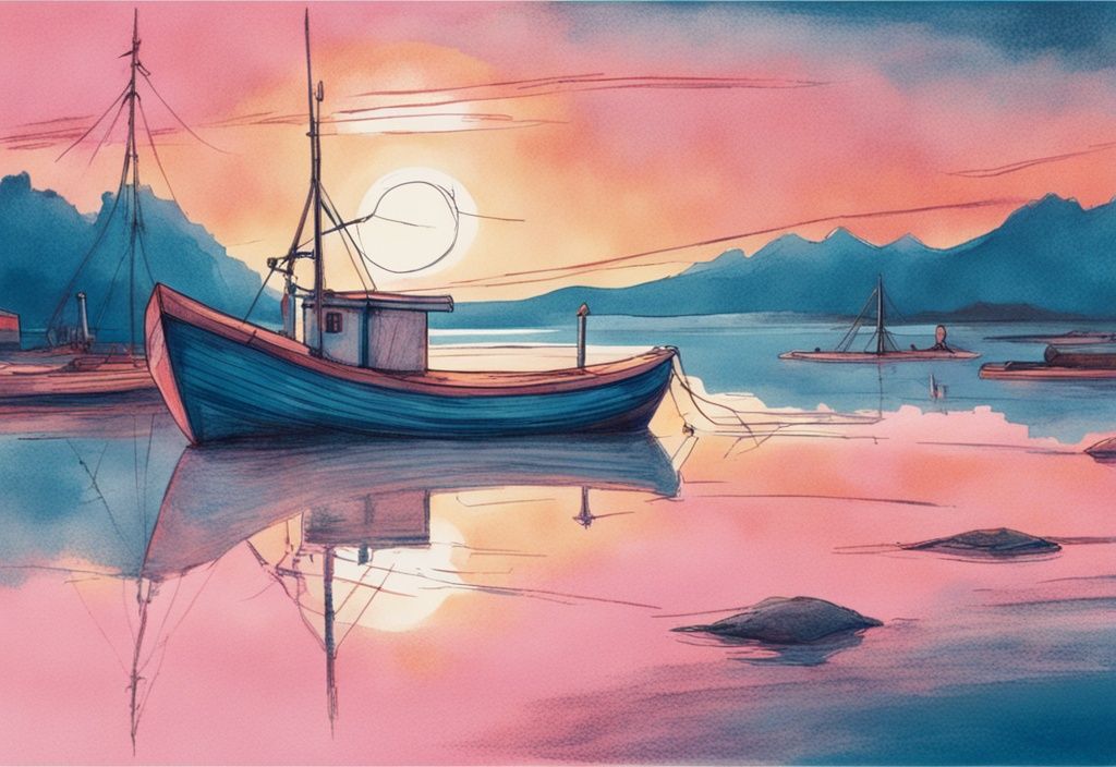 Vintage-Skizzenillustration eines frühen Morgens auf Hitra mit einem kleinen Fischerboot auf spiegelglattem Wasser und einem Himmel in Rosa- und Orangetönen, angeln auf Hitra.