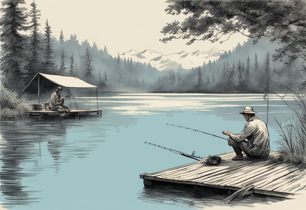 Vintage-Illustration eines ruhigen Sees mit üppigem Grün, Fischer auf dem Steg mit Angelrute, gemütliches Zelt im Hintergrund, Urlaubsstimmung